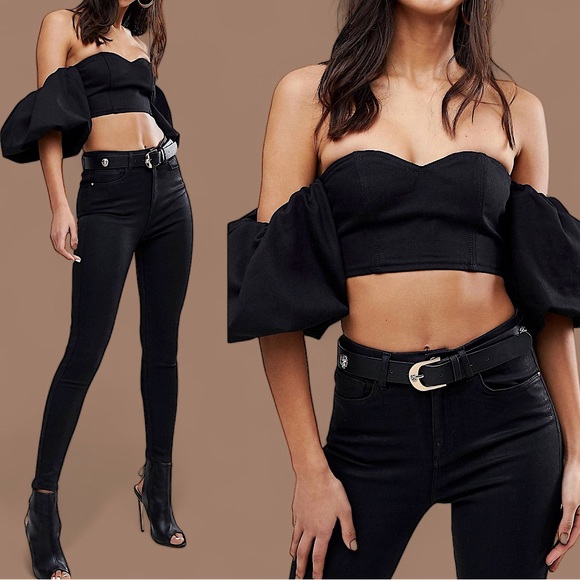 ASOS Tops - ASOS off shoulder denim cropped corset bardot crop bra top balloon puff sleeve
